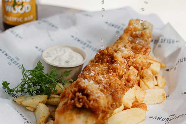 Battered Fish and Chips with a Stone & Wood Pacific Ale